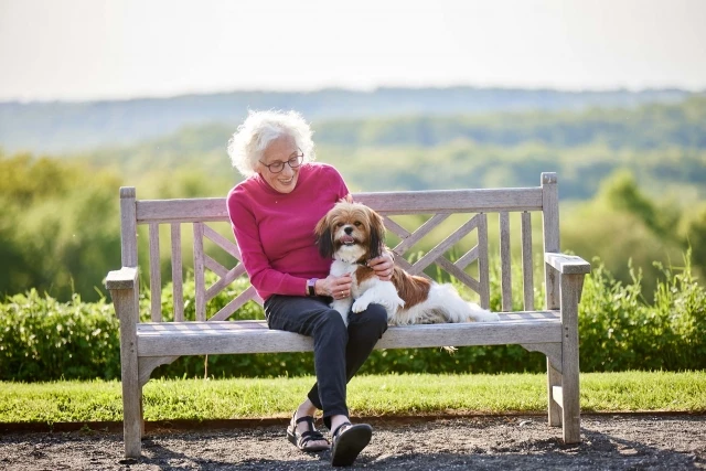 Senior woman sitting with dog on park bench