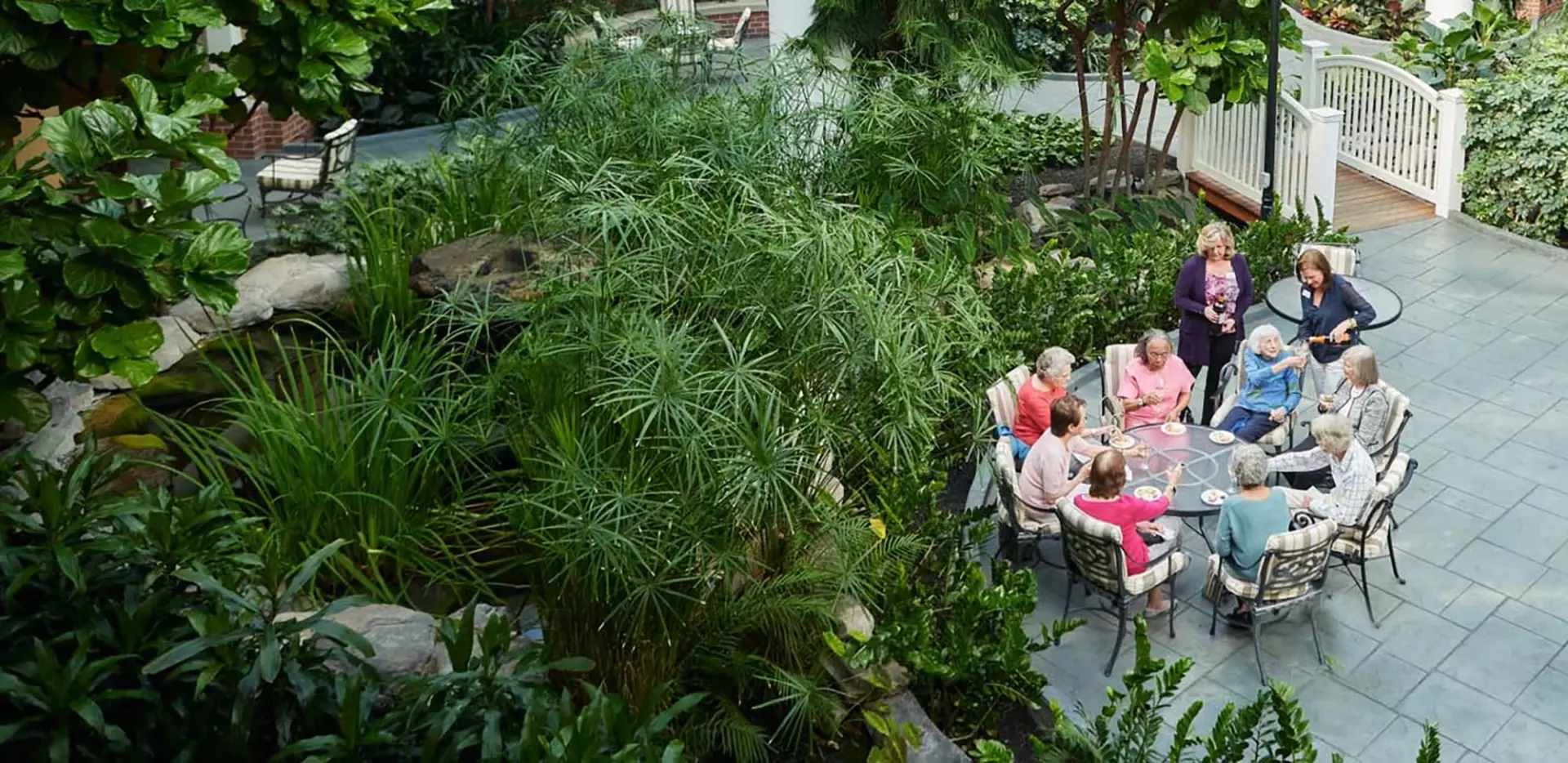 Seniors having drinks in indoor garden