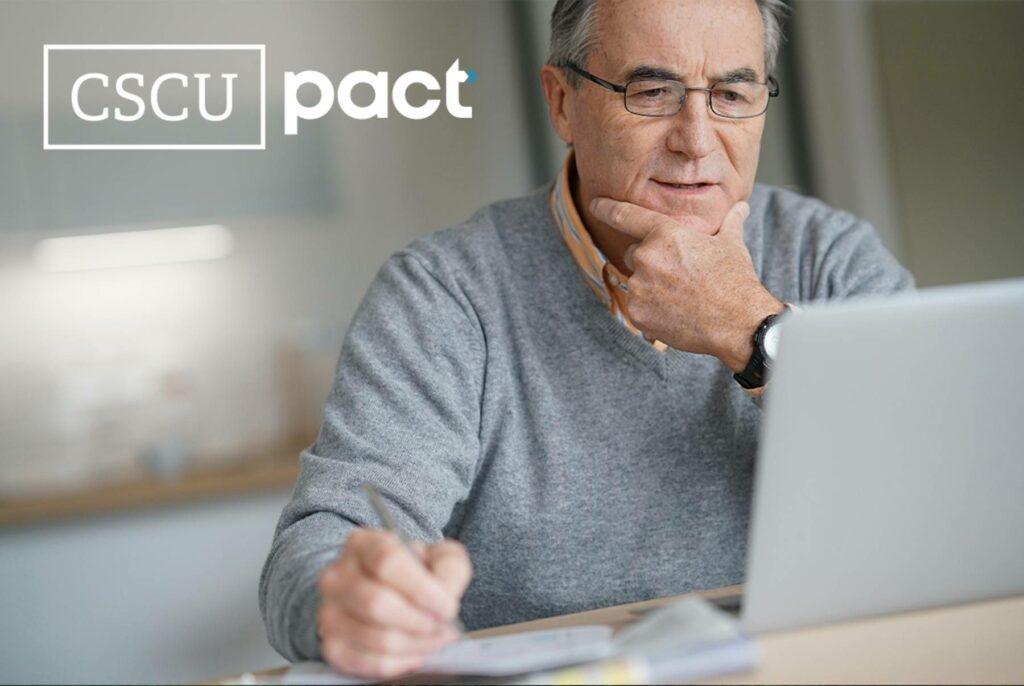 Photo of the cscu pact logo and a senior man looking at a laptop
