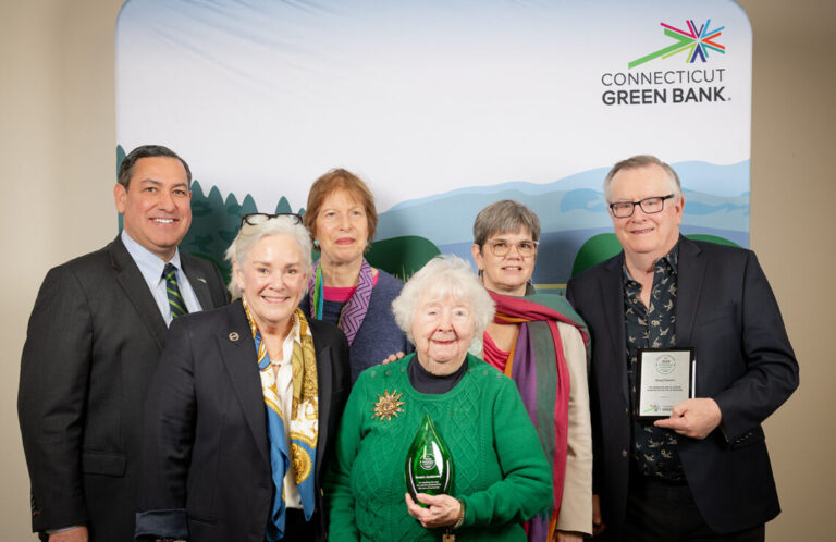 Meadow Ridge Residents Susan Auslander, Carol Morgan, Peggy Southard, and Doug Dawson with Connecticut Green Bank CEO Bryan Garcia and State Rep. Anne Hughes