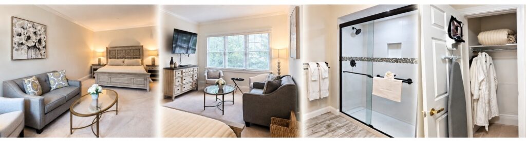 Meadow Ridge guest suite featuring a furnished bedroom and sitting area, private bathroom with walk-in shower and guest amenities.